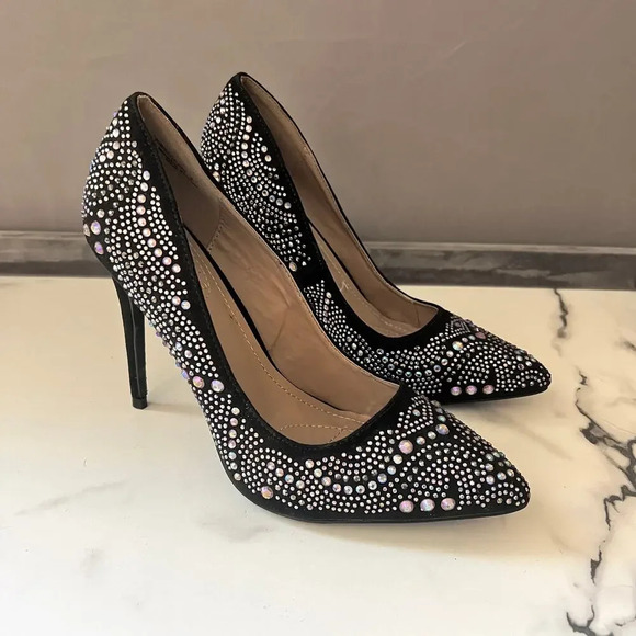 Anne Michelle Black Suede Rhinestone Pumps Size 8 - Picture 2 of 11